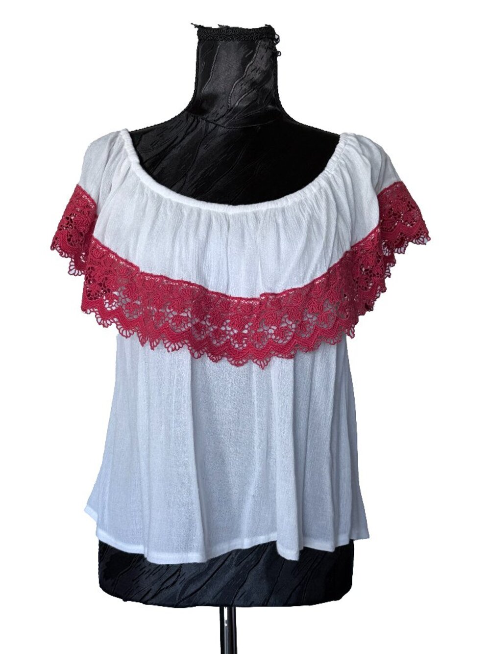 Forever 21 Boho Off-The-Shoulder Peasant Blouse White Red Lace Trim Size S